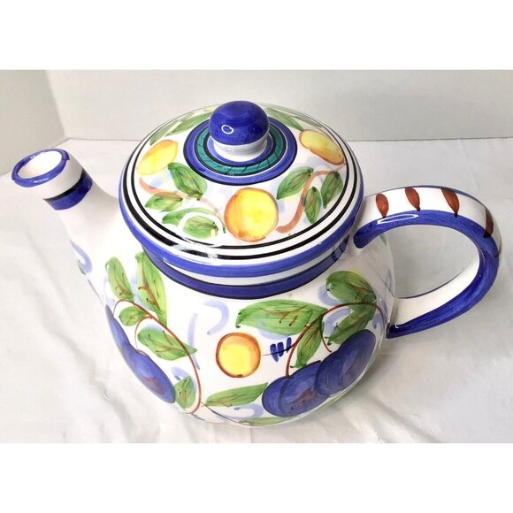 Plums Harvest LemonsTeapot Ceramic Vibrant Colors Hand painted 2000 Italy Vtg 6" - Picture 2 of 10